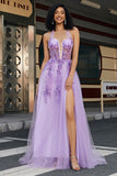 Nydelig A Line Halter Neck Grey Purple Corset Prom Dress med Appliques