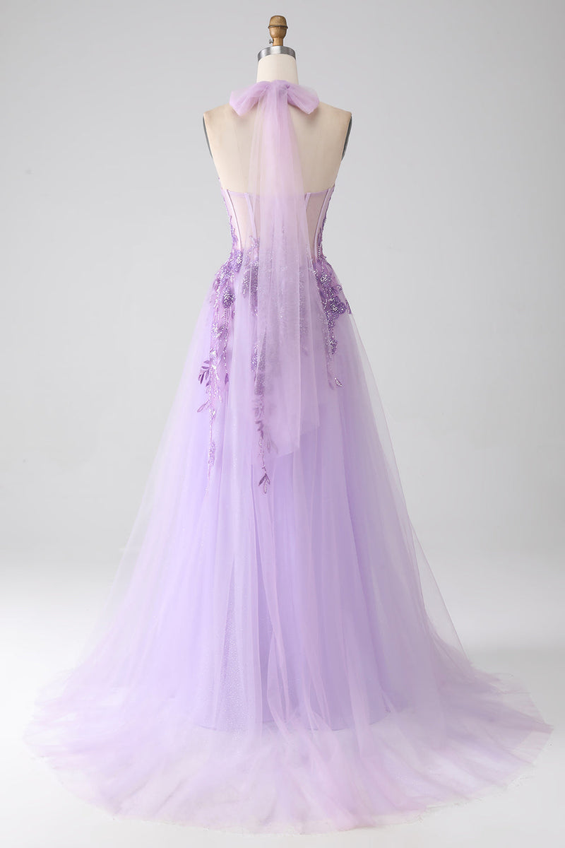 Load image into Gallery viewer, Grå lilla A-linje Halter Neck Beaded Long Prom Dress