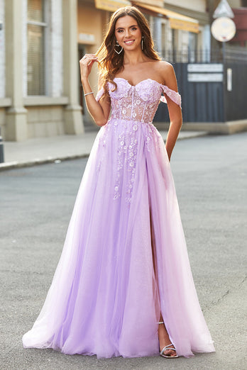 Av skulderen Lilac A-Line Beaded Corset Prom Dress