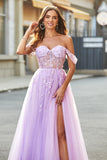 Av skulderen Lilac A-Line Beaded Corset Prom Dress