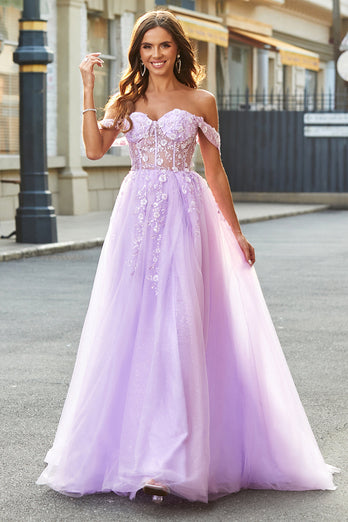 Av skulderen Lilac A-Line Beaded Corset Prom Dress