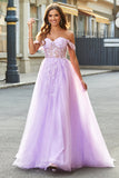 Av skulderen Lilac A-Line Beaded Corset Prom Dress