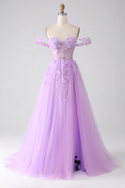 Lilac A-linje av skulderen Beaded korsett Prom kjole