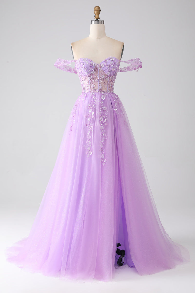 Load image into Gallery viewer, Lilac A-linje av skulderen Beaded korsett Prom kjole