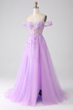 Lilac A-linje av skulderen Beaded korsett Prom kjole