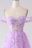 Lilac A-linje av skulderen Beaded korsett Prom kjole