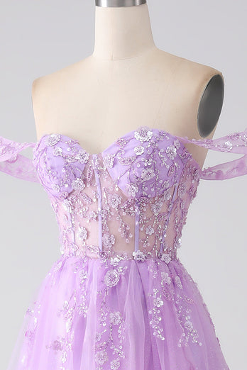 Lilac A-linje av skulderen Beaded korsett Prom kjole