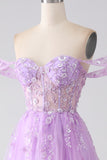 Lilac A-linje av skulderen Beaded korsett Prom kjole