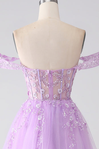 Lilac A-linje av skulderen Beaded korsett Prom kjole