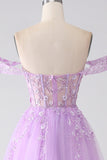 Lilac A-linje av skulderen Beaded korsett Prom kjole