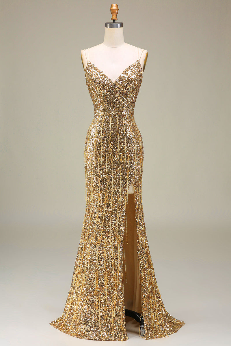 Load image into Gallery viewer, Sparkly Mermaid Golden Long Prom Dress med Slit
