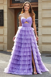 Tylle A-Line Purple Tiered Long Prom Dress med Slit