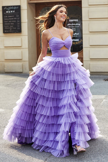 Tylle A-Line Purple Tiered Long Prom Dress med Slit