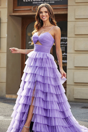 Tylle A-Line Purple Tiered Long Prom Dress med Slit