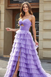 Tylle A-Line Purple Tiered Long Prom Dress med Slit