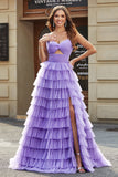 Tylle A-Line Purple Tiered Long Prom Dress med Slit