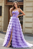 Tylle A-Line Purple Tiered Long Prom Dress med Slit