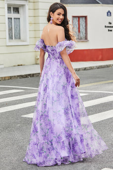 Lavender Trykt en linje Prom kjole med avtagbare ermer
