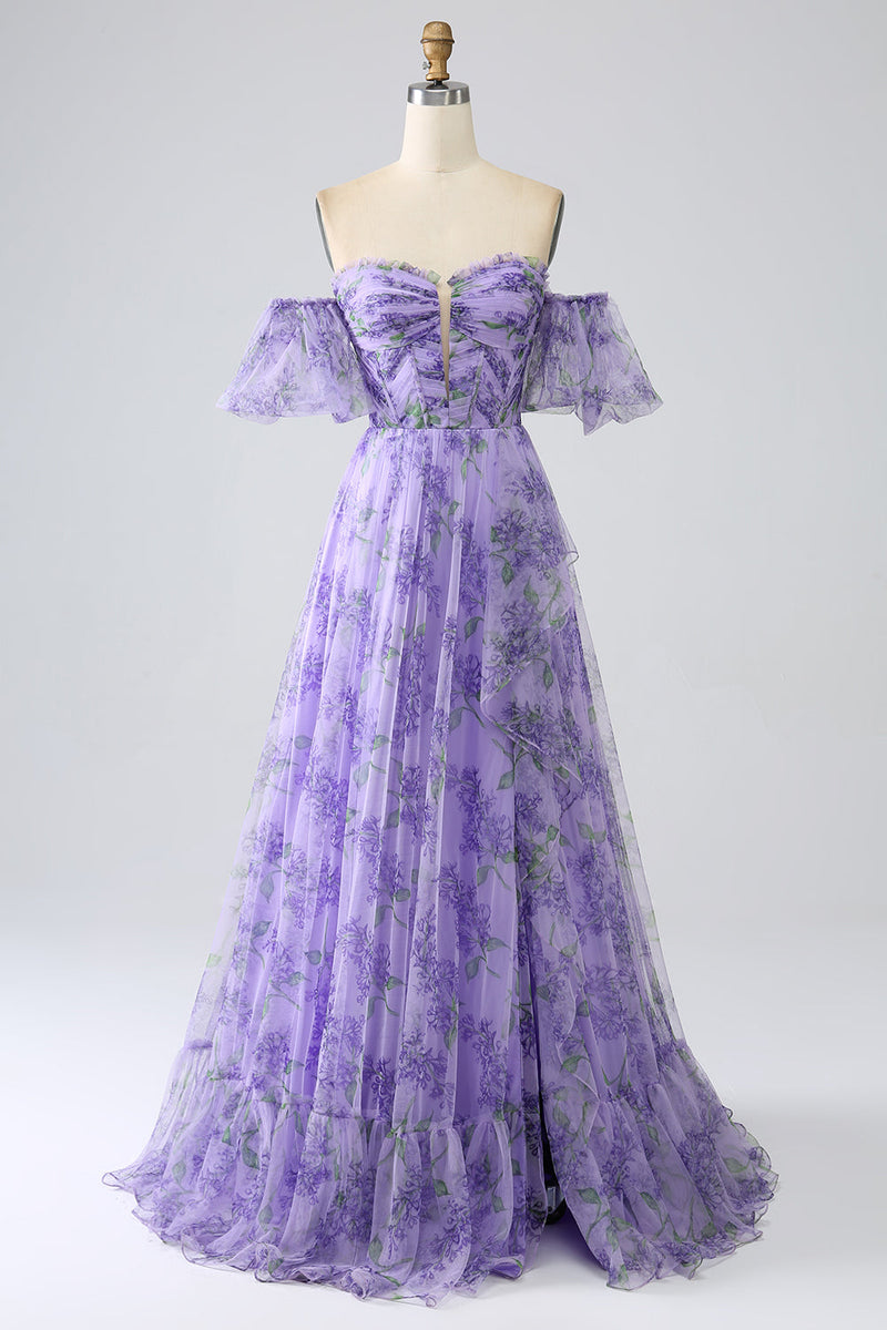 Load image into Gallery viewer, Trykt lavendel av skulderen En linje Prom kjole med avtagbare ermer