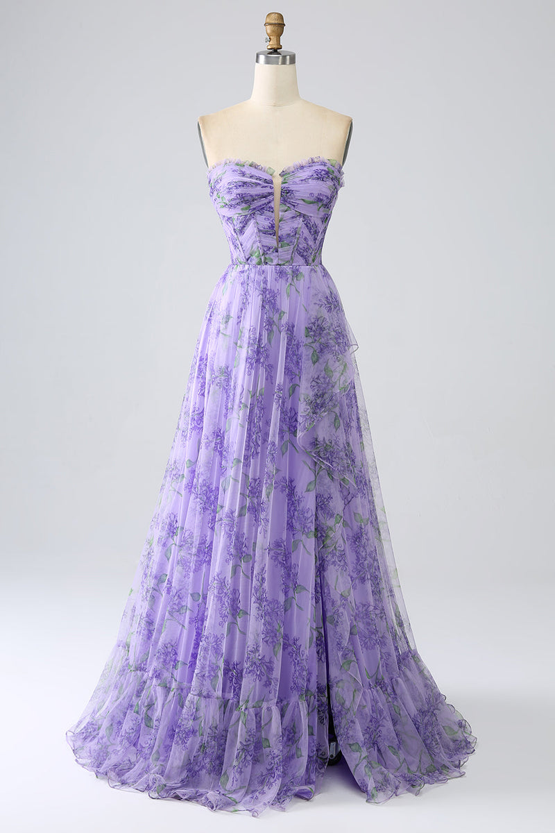 Load image into Gallery viewer, Trykt lavendel av skulderen En linje Prom kjole med avtagbare ermer