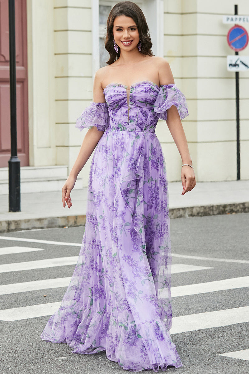 Load image into Gallery viewer, Lavender Trykt en linje Prom kjole med avtagbare ermer