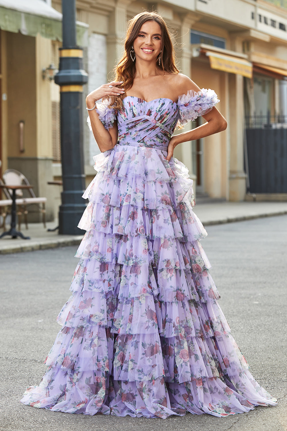 Nydelig en linje av skulderen Lavendel trykt Long Prom Dress med Ruffles