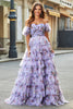 Load image into Gallery viewer, Nydelig en linje av skulderen Lavendel trykt Long Prom Dress med Ruffles
