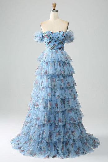 Nydelig en linje av skulderen Lavendel trykt Long Prom Dress med Ruffles