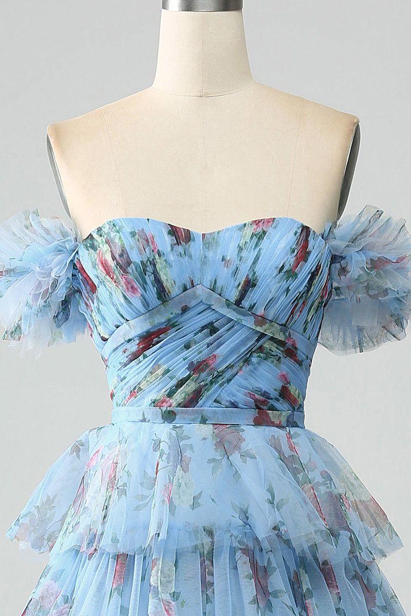 Load image into Gallery viewer, Nydelig en linje av skulderen Lavendel trykt Long Prom Dress med Ruffles
