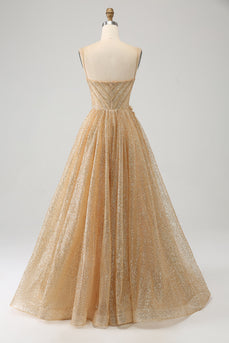 Glitter Golden Corset Long Prom kjole med blomster