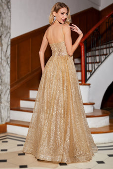 Golden Glitter Korsett Long Prom kjole med blomster