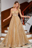 Golden Glitter Korsett Long Prom kjole med blomster