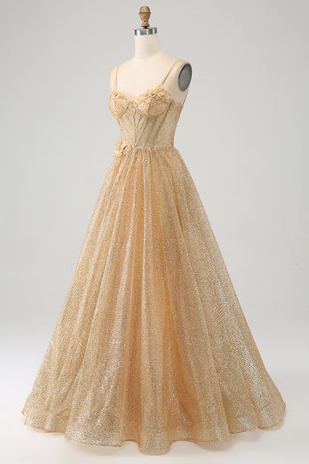 Glitter Golden Corset Long Prom kjole med blomster