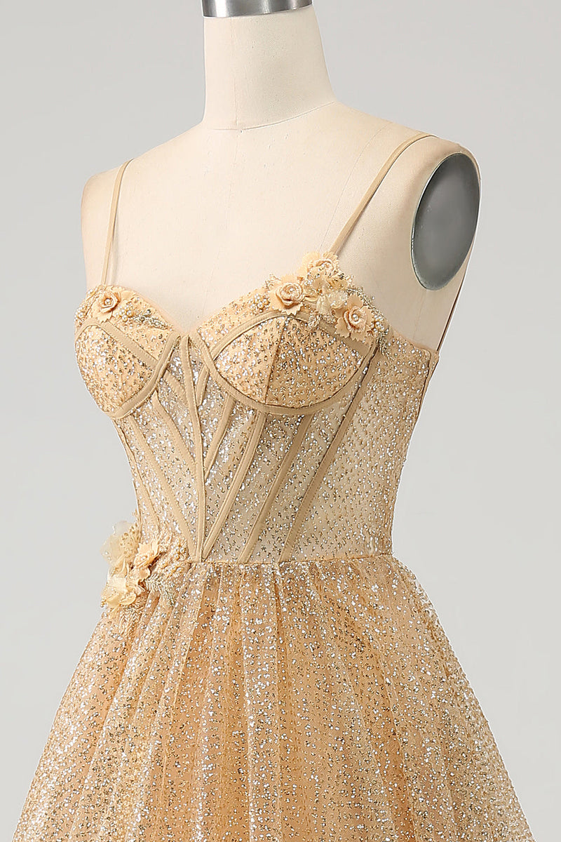 Load image into Gallery viewer, Glitter Golden Corset Long Prom kjole med blomster