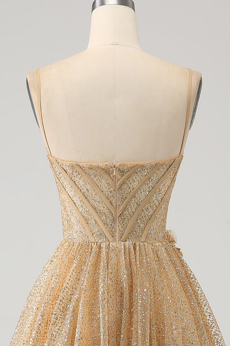 Load image into Gallery viewer, Glitter Golden Corset Long Prom kjole med blomster