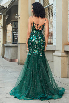 Stunning Mermaid Spaghetti stropper Dark Green Long Prom Kjole med Appliques