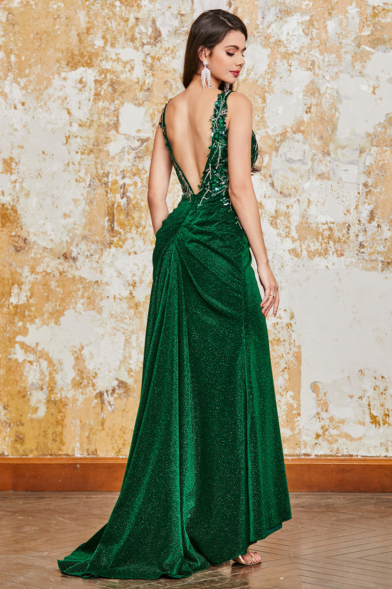 Load image into Gallery viewer, Sparkly Dark Green Mermaid Prom Dress med Slit