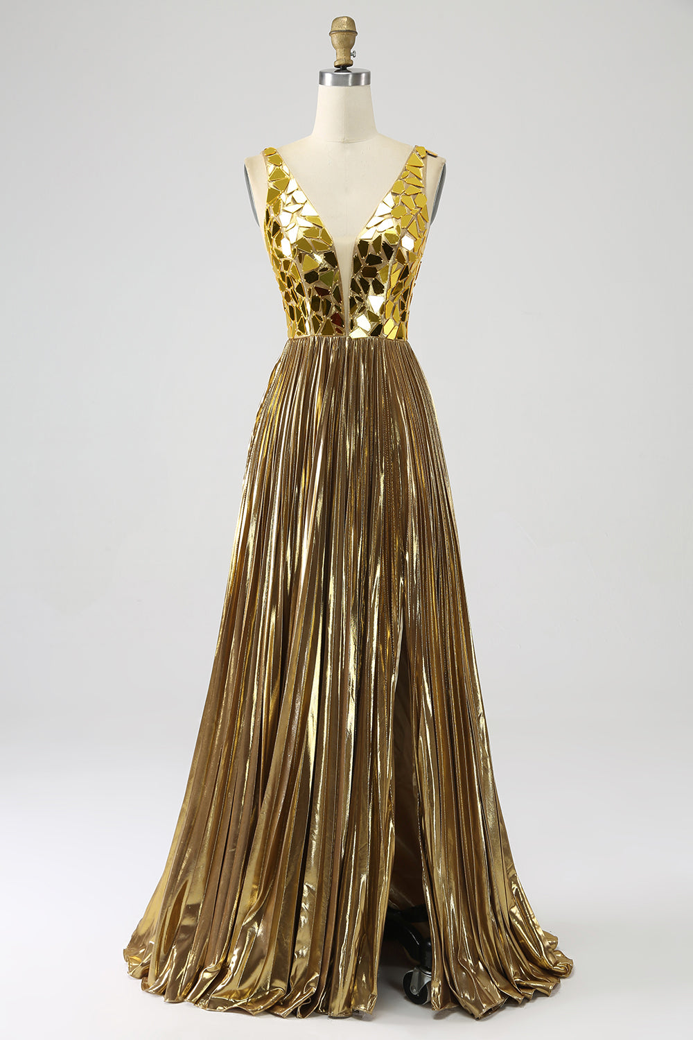 Sparkly A Line Deep V-Neck Golden Long Prom Dress med delt front