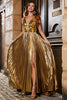 Load image into Gallery viewer, Stunning A Line V-Neck Golden Long Prom kjole med delt front