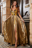 Stunning A Line V-Neck Golden Long Prom kjole med delt front