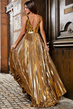 Stunning A Line V-Neck Golden Long Prom kjole med delt front