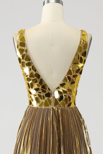Sparkly A Line Deep V-Neck Golden Long Prom Dress med delt front
