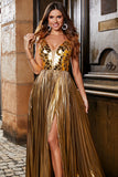 Stunning A Line V-Neck Golden Long Prom kjole med delt front