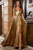 Stunning A Line V-Neck Golden Long Prom kjole med delt front