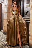 Stunning A Line V-Neck Golden Long Prom kjole med delt front