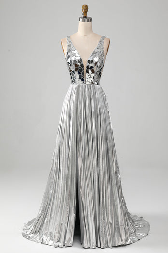 Sparkly A-Line V-Neck Silver Mirror Prom kjole med Slit