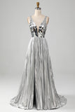 Sparkly A-Line V-Neck Silver Mirror Prom kjole med Slit