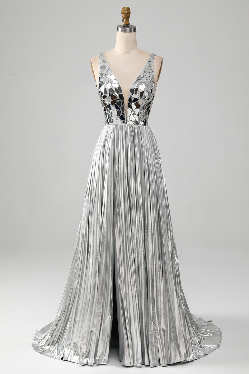 Load image into Gallery viewer, Sparkly A-Line V-Neck Silver Prom Dress med Slit