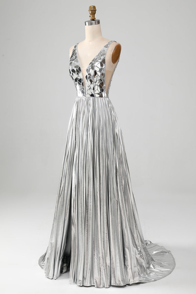 Load image into Gallery viewer, Sparkly A Line Deep V-Neck Golden Long Prom Dress med delt front