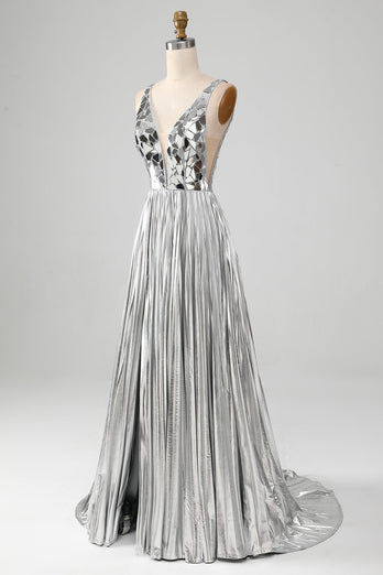 Sparkly A-Line V-Neck Silver Mirror Prom kjole med Slit